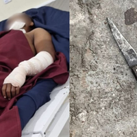 A imagem mostra a vítima deitada em uma cama de hospital (à esquerda) e a faca utilizada no crime (à direita).