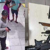 A imagem mostra um dos suspeitos mostra na ação policial, segundo uma arma de fogo (à esquerda), e os armamentos apreendidos pela Polícia Militar após o confronto (à direita).