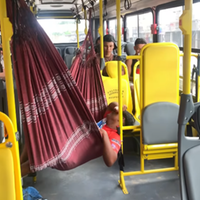 Paraense amarra rede dentro de ônibus Geladão em Belém e cena viraliza nas redes.