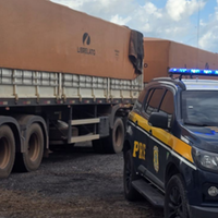 A imagem em destaque mostra uma viatura da Polícia Rodoviária Federal (PRF) perto do automóvel de carga que transportava a madeira ilegal.