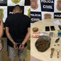 A imagem em destaque mostra os presos (à esquerda) e as drogas e objetos encontrados pela Polícia Civil na casa de um dos suspeitos (à direita).