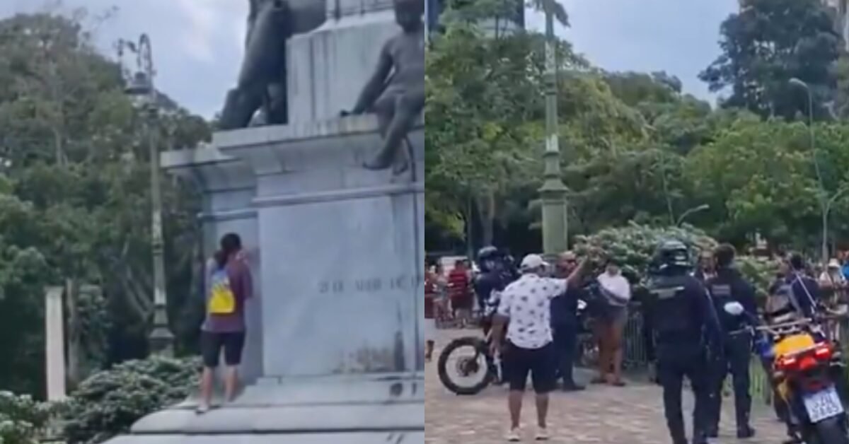 Homens são flagrados pichando monumento histórico na Praça da República, em Belém