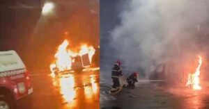 Carro fica destruído após pegar fogo durante noite chuvosa em Belém