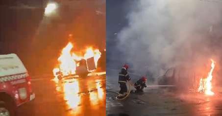 Carro fica destruído após pegar fogo durante noite chuvosa em Belém