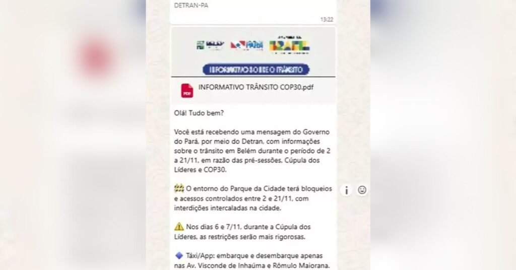 Detran do Pará envia mensagens por WhatsApp com informações sobre interdições no trânsito durante a COP30