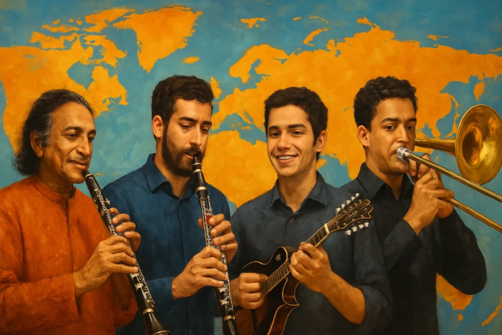 Brasilienses levam a música ao mundo, do oboé ao trombone: histórias de Ravi Shankar, Lucas Borges, Ian Coury e Matheus Donato em carreiras internacionais 370 Imagem de capa horizontal 16:9 representando brasilienses levam música ao, do oboé ao trombone, em destaque internacional